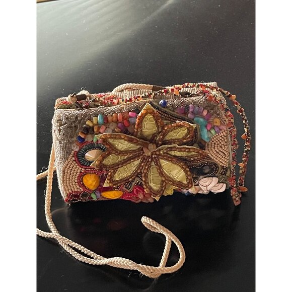 Tapestry Handbag Elegantly Beaded in Multicolors With Applied Vinyl Flower - Picture 1 of 10